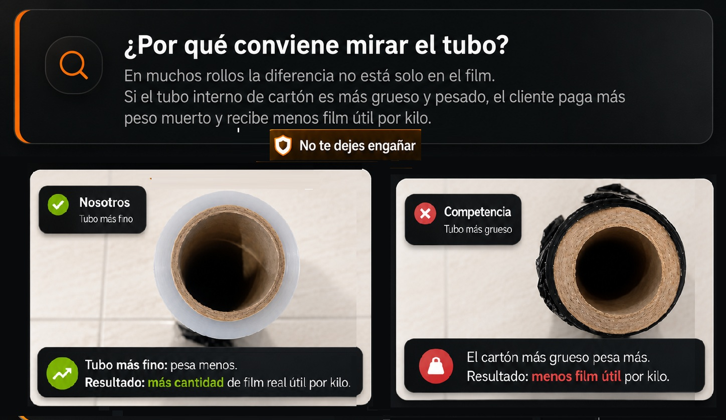 Comparativa entre rollos con tubo más fino y rollos de la competencia con tubo más grueso